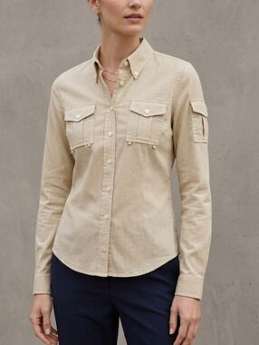 XS Club Monaco 100% Cotton Women’s Long Sleeve Button-Down Shirt in Light Beige